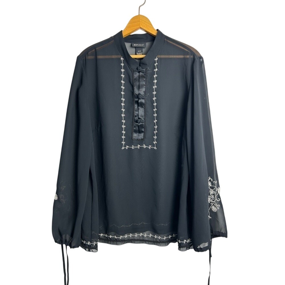 Lane Bryant Women top Blouse Size 18-20 Black Embroidery Sheer Long‎ Sleeve
